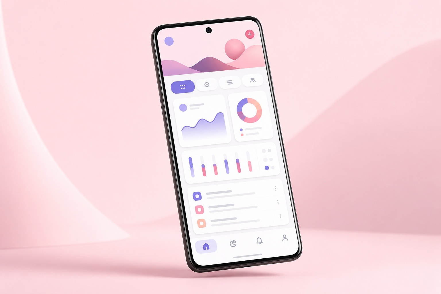 An Android phone floating on a soft pink background, showing a clean Material 3 app interface generated by MeDo