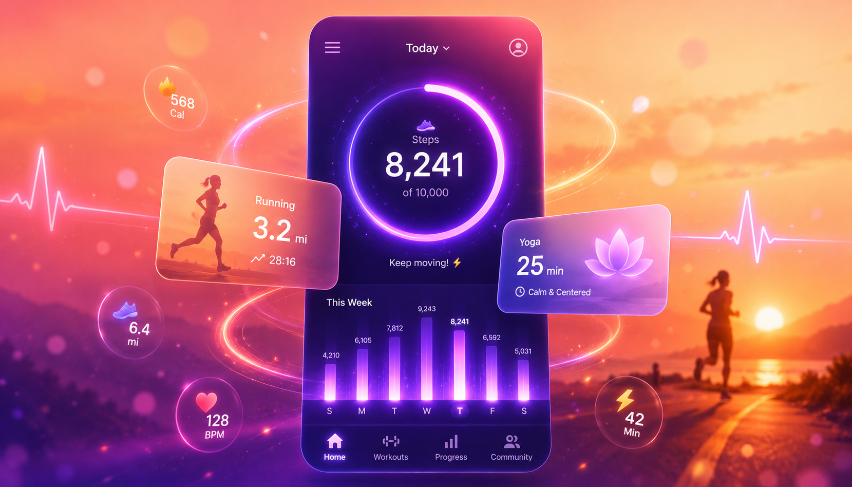 Mobile fitness tracker app with step counter, workout cards, and weekly activity chart — built with MeDo AI