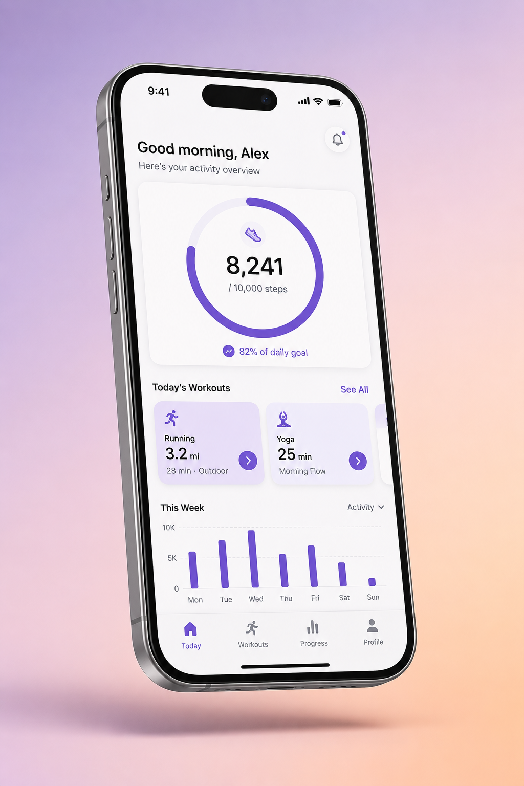 An iPhone floating on a lavender background, showing a clean SwiftUI-style app interface generated by MeDo