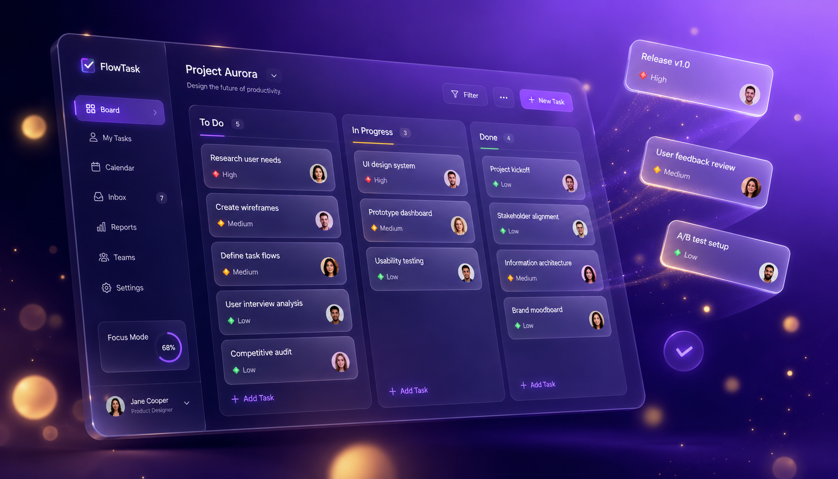 Task management app with kanban board, priority labels, due dates, and team avatars — built with MeDo AI