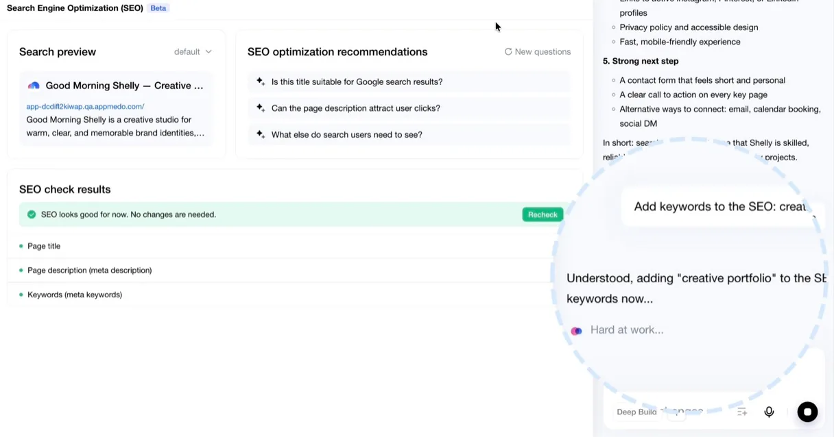 A follow-up keyword request being added to the site SEO through the chat panel while the SEO checks stay green
