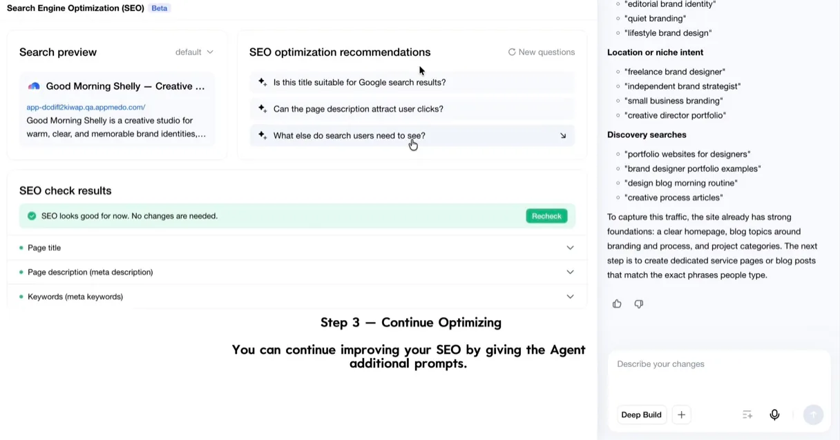 SEO optimization recommendations next to a clean SEO check result, with keyword and niche intent suggestions in the chat panel